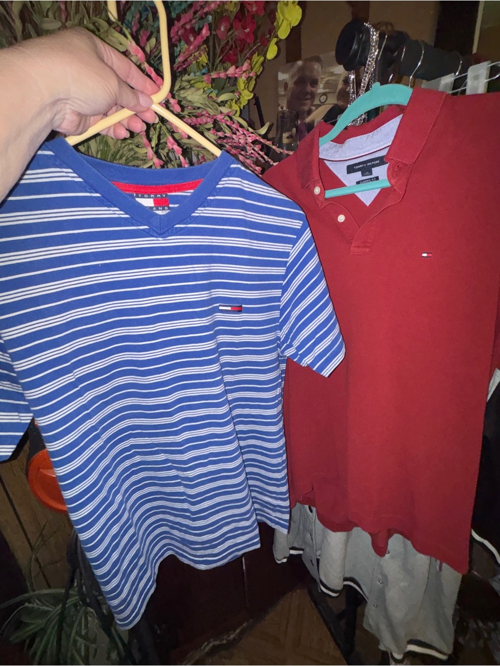 Tommy Hilfiger Blue & White Striped V-Neck Tee with Red Polo